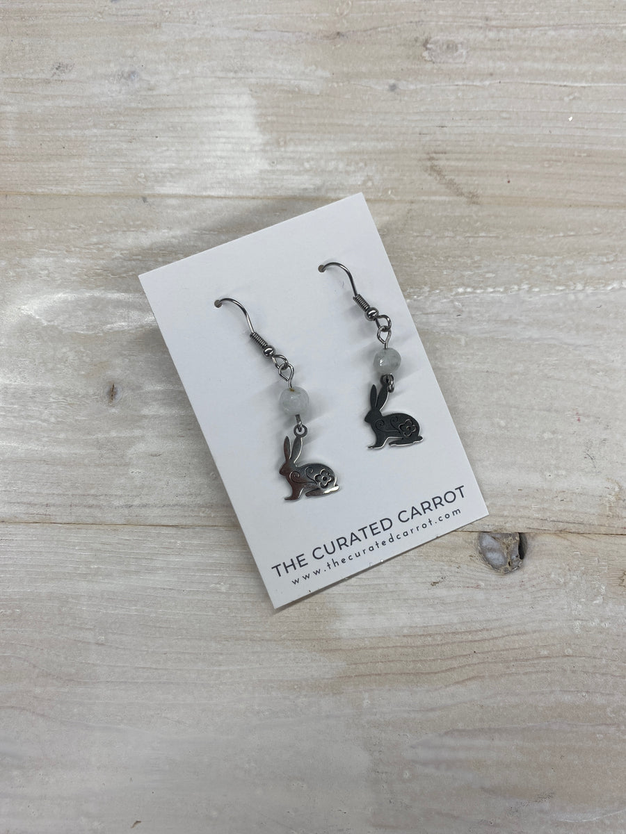 Silver Rabbit with Speckled White Bead Drop Earrings