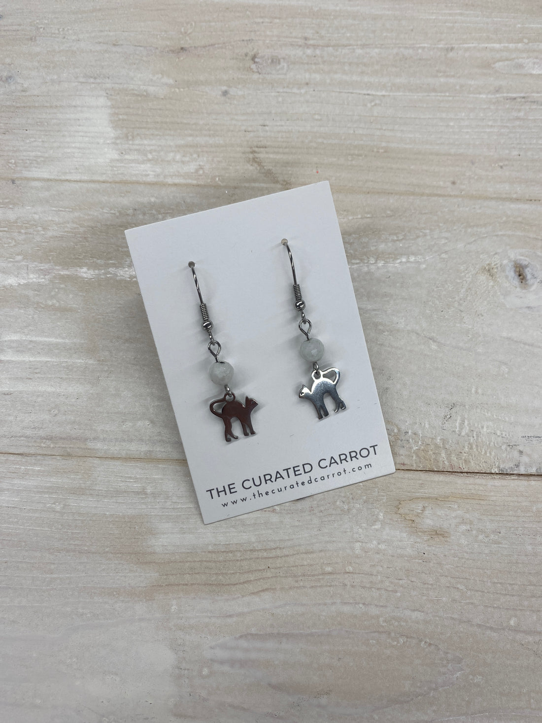 Silver Stretching Cat with White Bead Drop Earrings