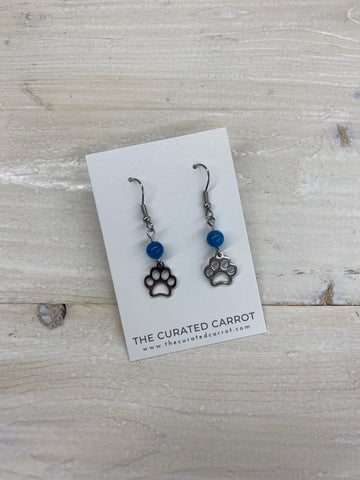 Silver Paw Print with Blue Bead Drop Earrings