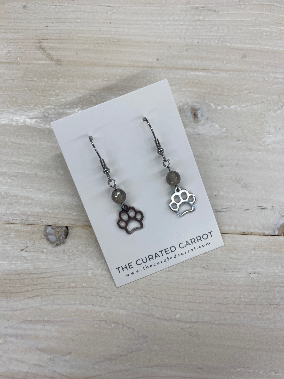 Silver Paw Print with Smoky Grey Bead Drop Earrings