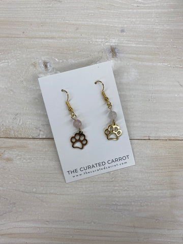 Gold Paw Print with Pink Bead Drop Earrings