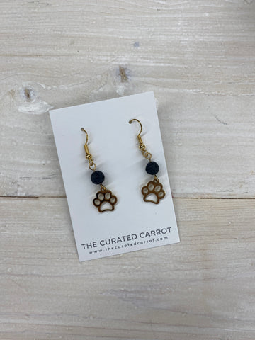 Gold Paw Print with Black Bead Drop Earrings