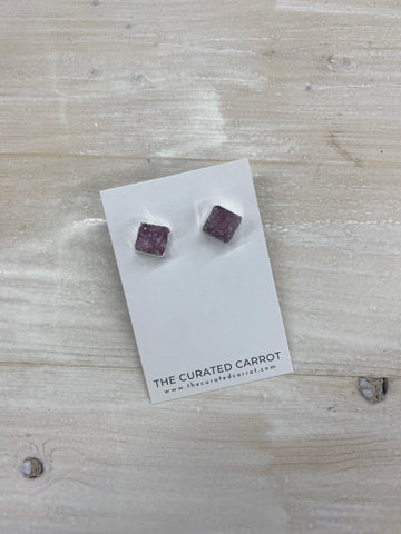 Silver Pink Square Druzy Stud Earrings