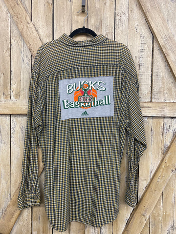 Repurposed Flannel with Milwaukee Bucks Patch