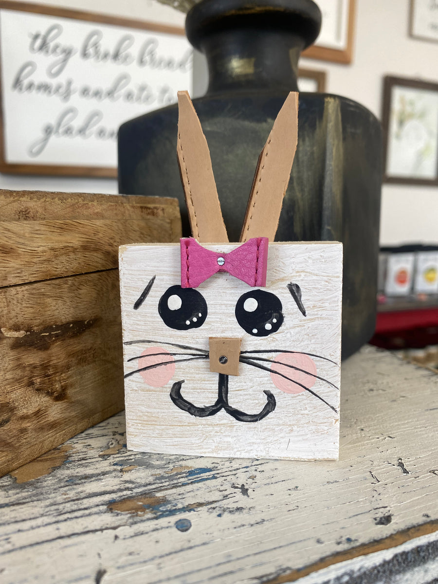 Handcrafted Wooden Bunny Block With Pink Bow