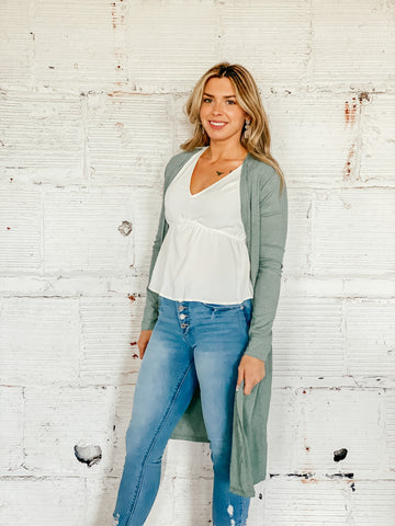 Knit Open Front Long Cardigan - Sage