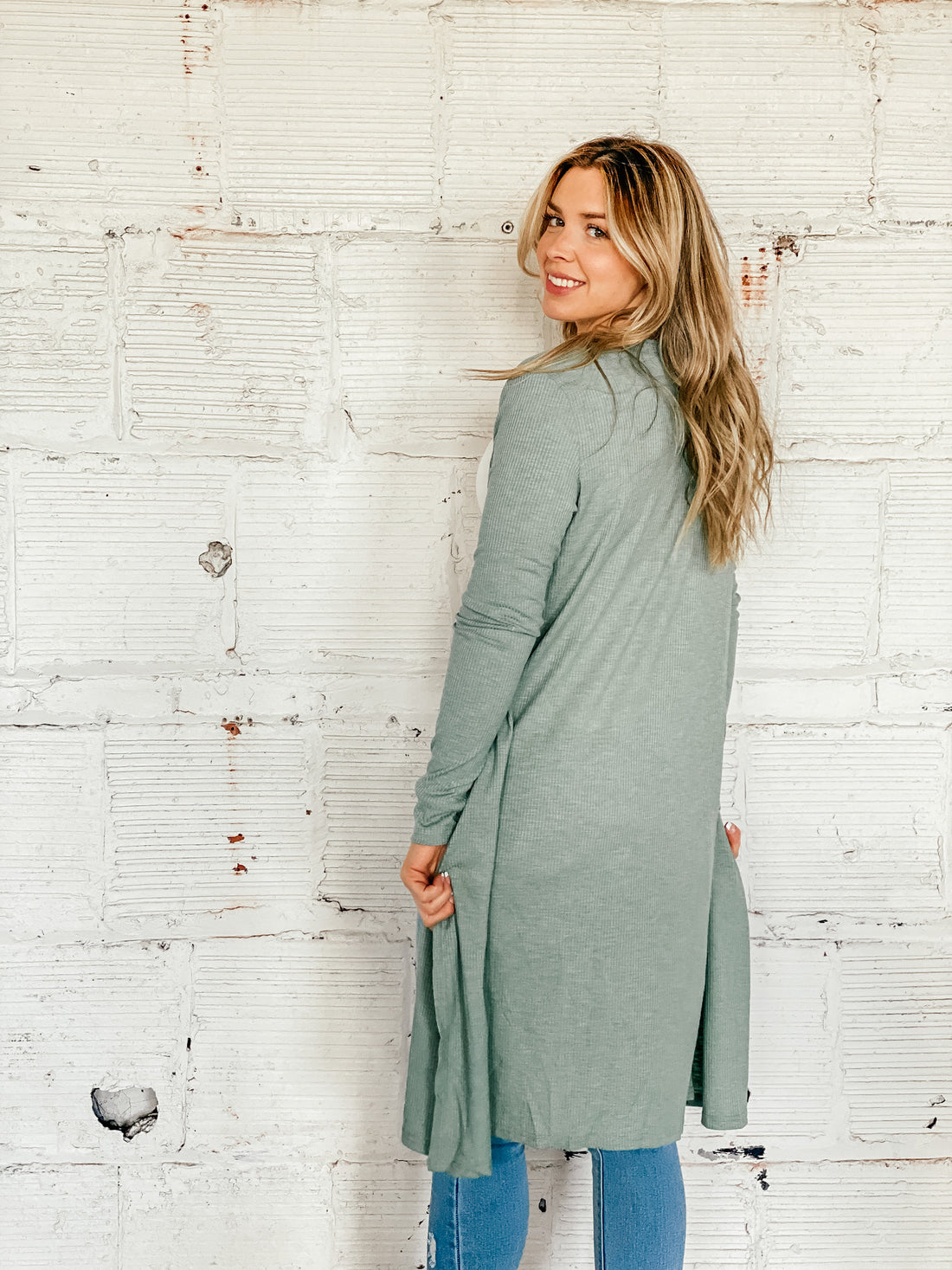 Knit Open Front Long Cardigan - Sage