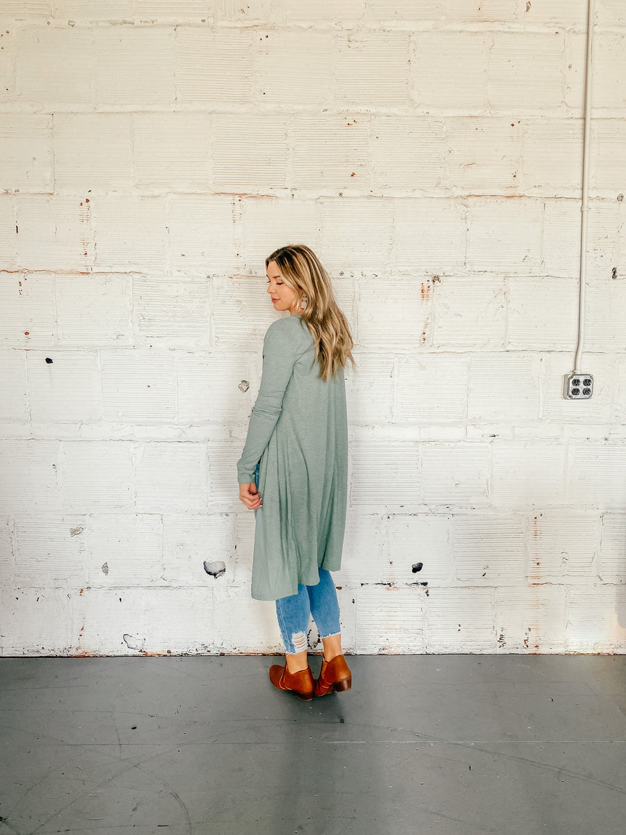 Knit Open Front Long Cardigan - Sage
