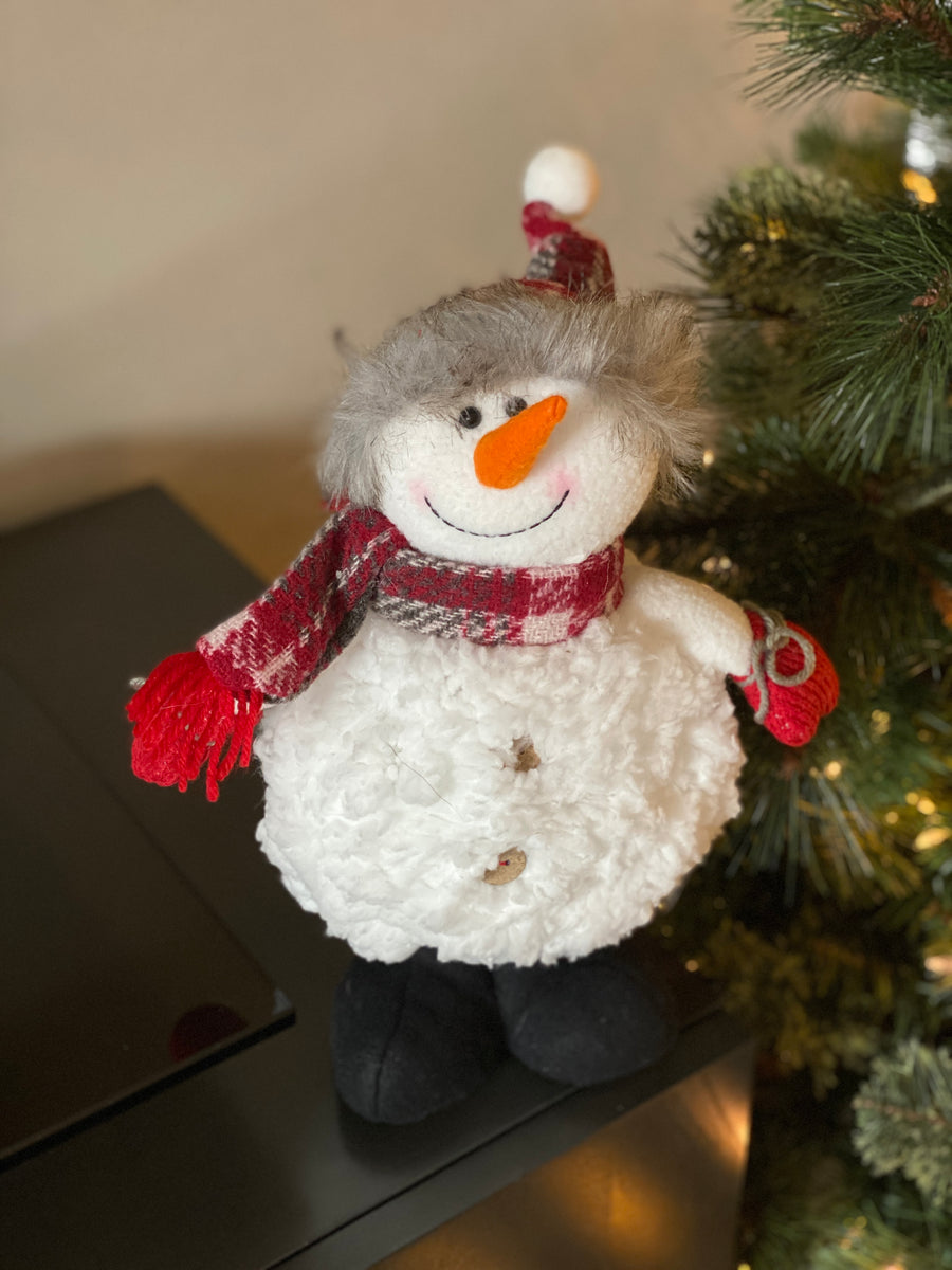 Standing Plush Snowman with Plaid Scarf