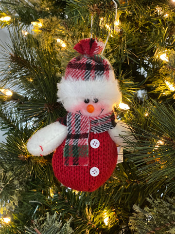 Plush Plaid Snowman Ornament with Knit Sweater