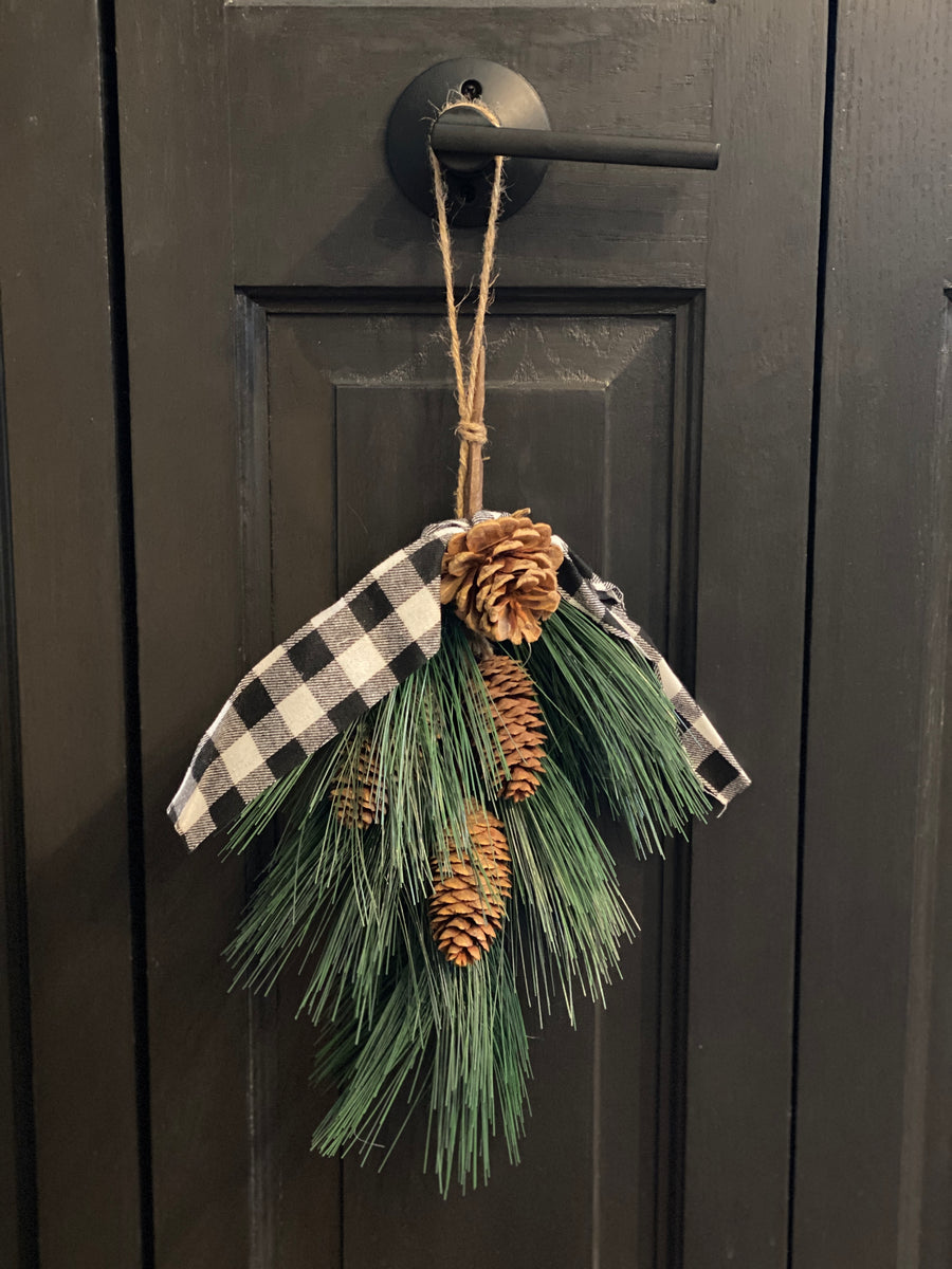 Hanging Pine Spray with Buffalo Check Bow Swag