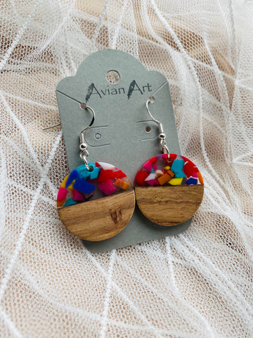 Multi-Color & Wood Round Resin Drop Earrings
