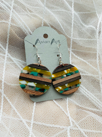 Multicolor & Wood Striped Round Resin Drop Earrings