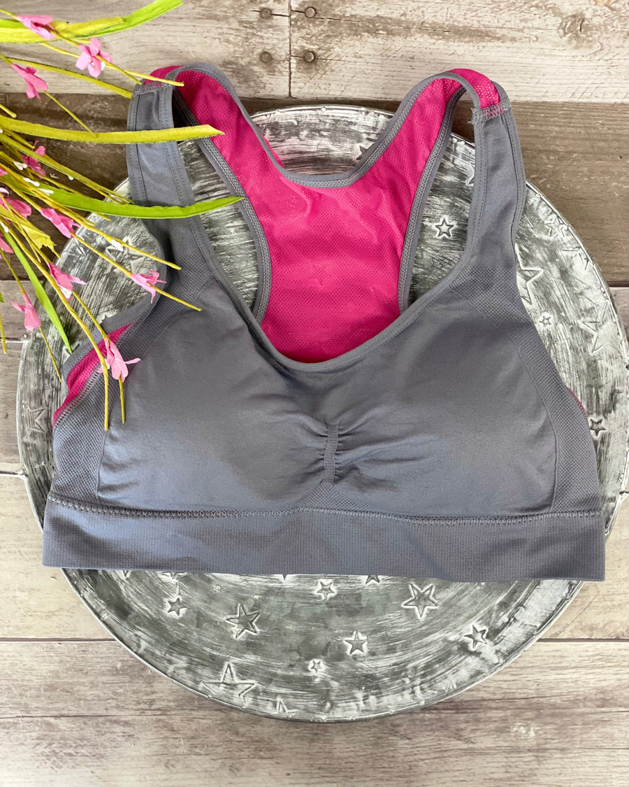Coobie Breathable Mesh Racerback Sports Bra - Light Grey/Hot Pink