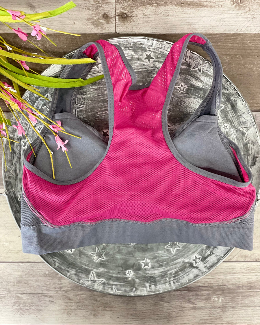 Coobie Breathable Mesh Racerback Sports Bra - Light Grey/Hot Pink