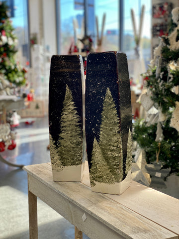 Large Pillar Candle Holders with Flocked Trees