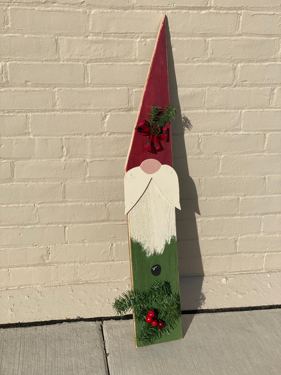 Hanging Red and Green Wood Gnome Sign