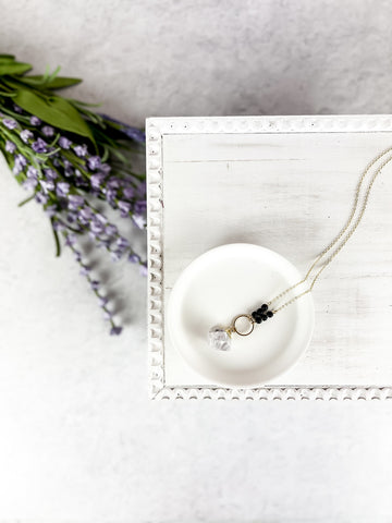 Gold Clear Fluorite Crystal + Lava Necklace