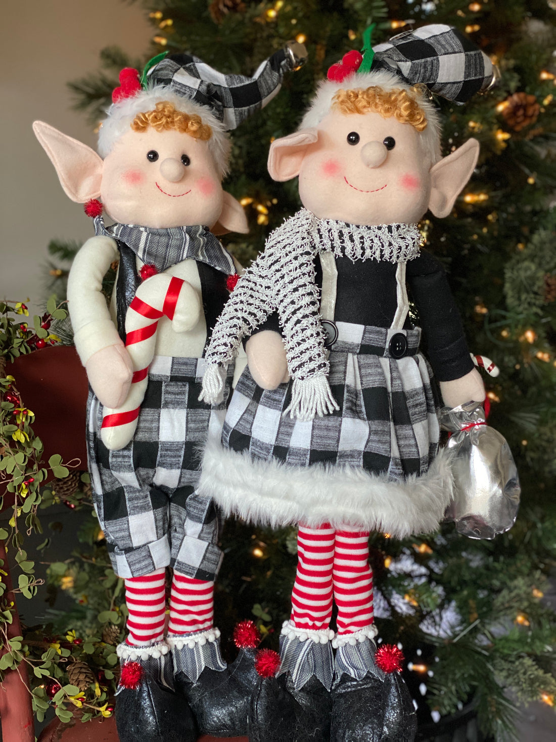 Large Standing Black and White Checkered Elf Helper
