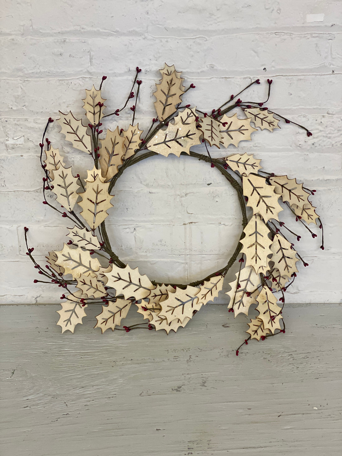 Wooden Leaves and Red Berries Wreath
