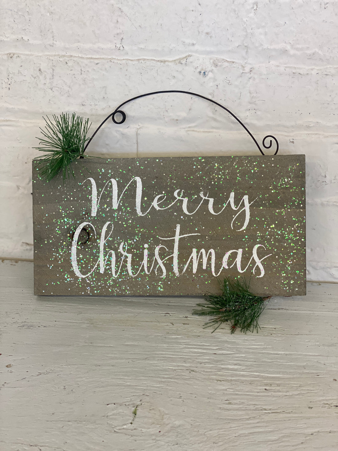 Glitter Merry Christmas Hanging Wooden Sign
