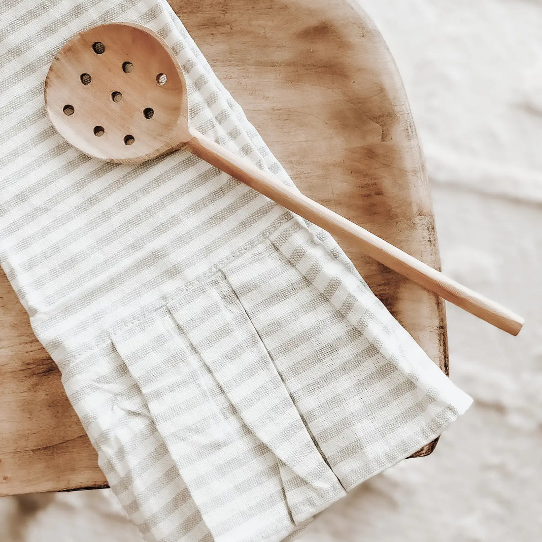 Striped Tea Towel with Ruffle - Cream with Tan Stripes