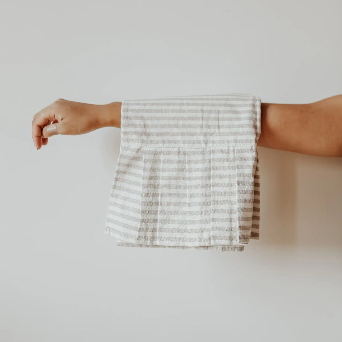 Striped Tea Towel with Ruffle - Cream with Tan Stripes