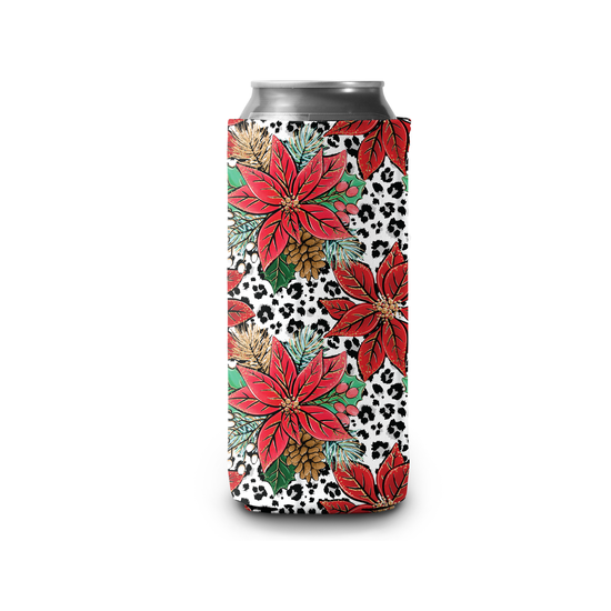 Poinsettia Leopard Christmas Slim Can Cooler