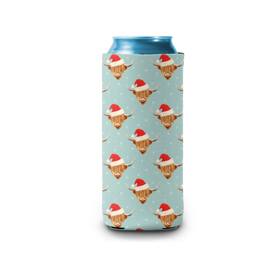 Christmas Cow with Santa Hat Slim Can Cooler