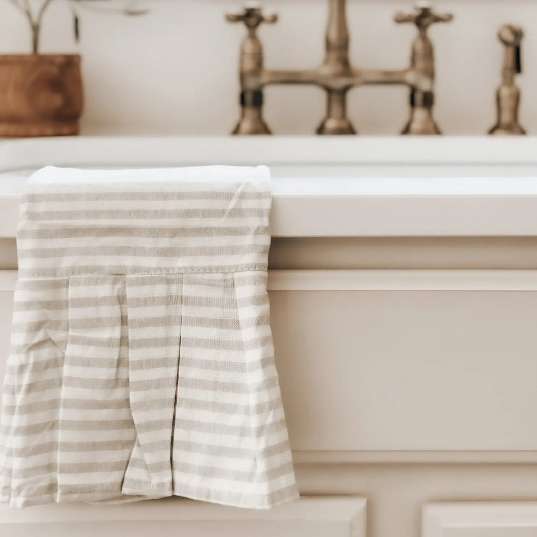 Striped Tea Towel with Ruffle - Cream with Tan Stripes