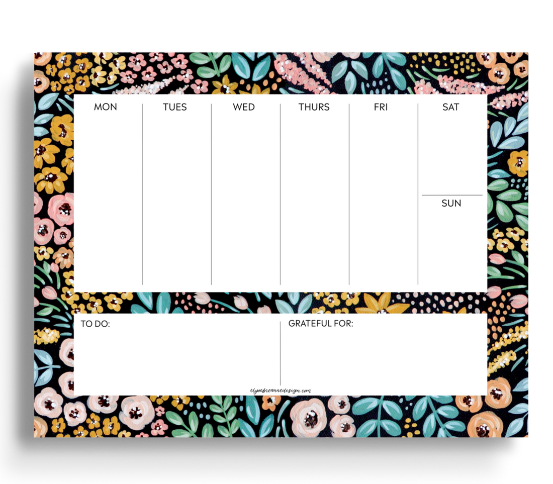 Black Floral Weekly Planner Notepad