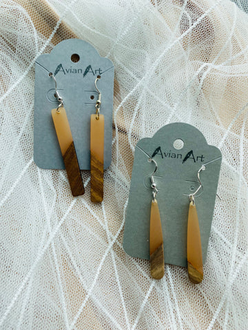 Tan and Wood Resin Drop Earrings