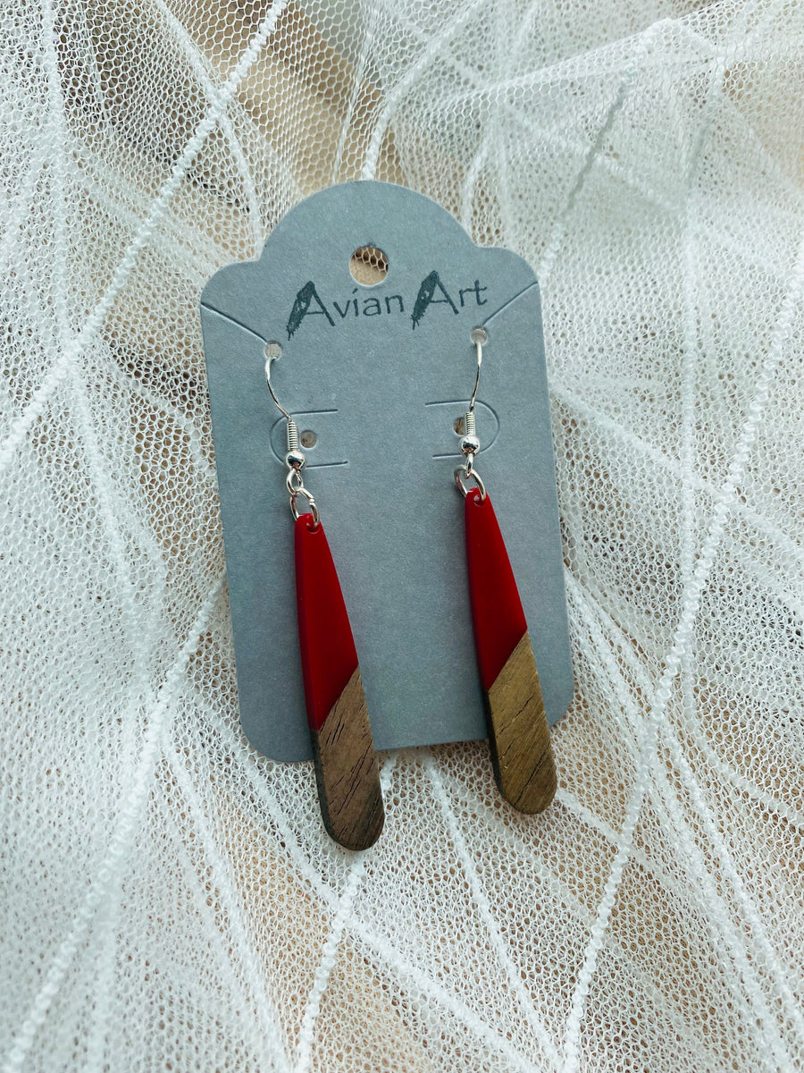 Red and Wood Resin Drop Earrings