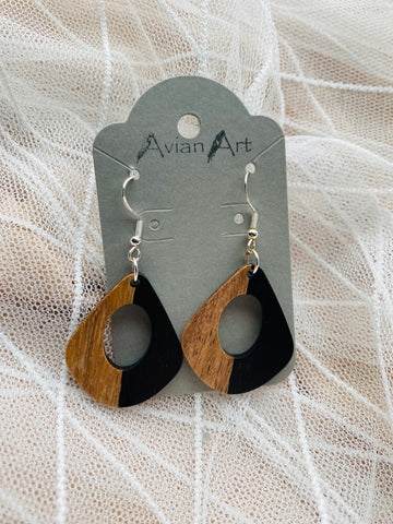Black & Wood Hollow Rounded Triangle Resin Drop Earrings