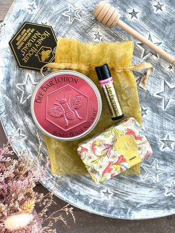 Honey House Naturals 3-Piece Gift Set - Raspberry Lemonade Lip Butter, Honey Bee Bar Lotion & Honey Soap