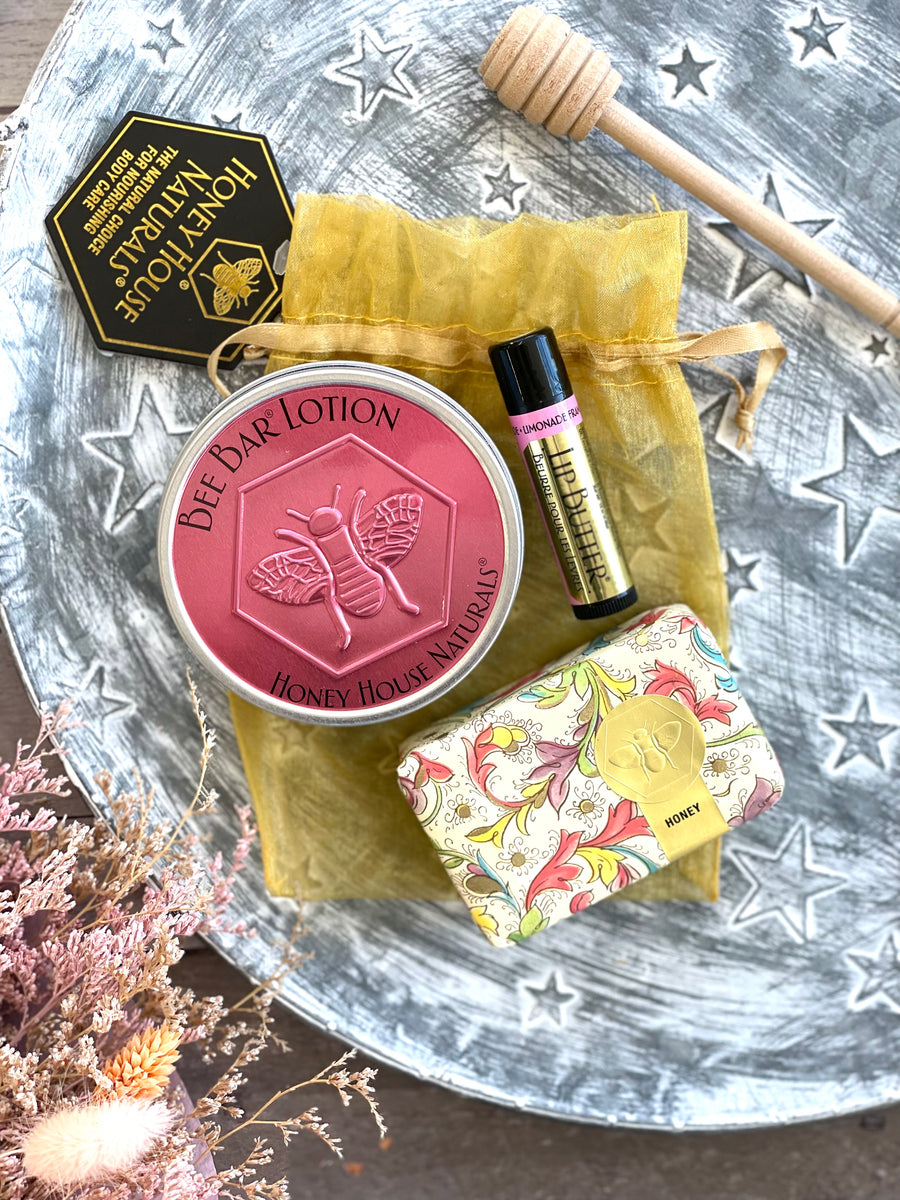 Honey House Naturals 3-Piece Gift Set - Raspberry Lemonade Lip Butter, Honey Bee Bar Lotion & Honey Soap
