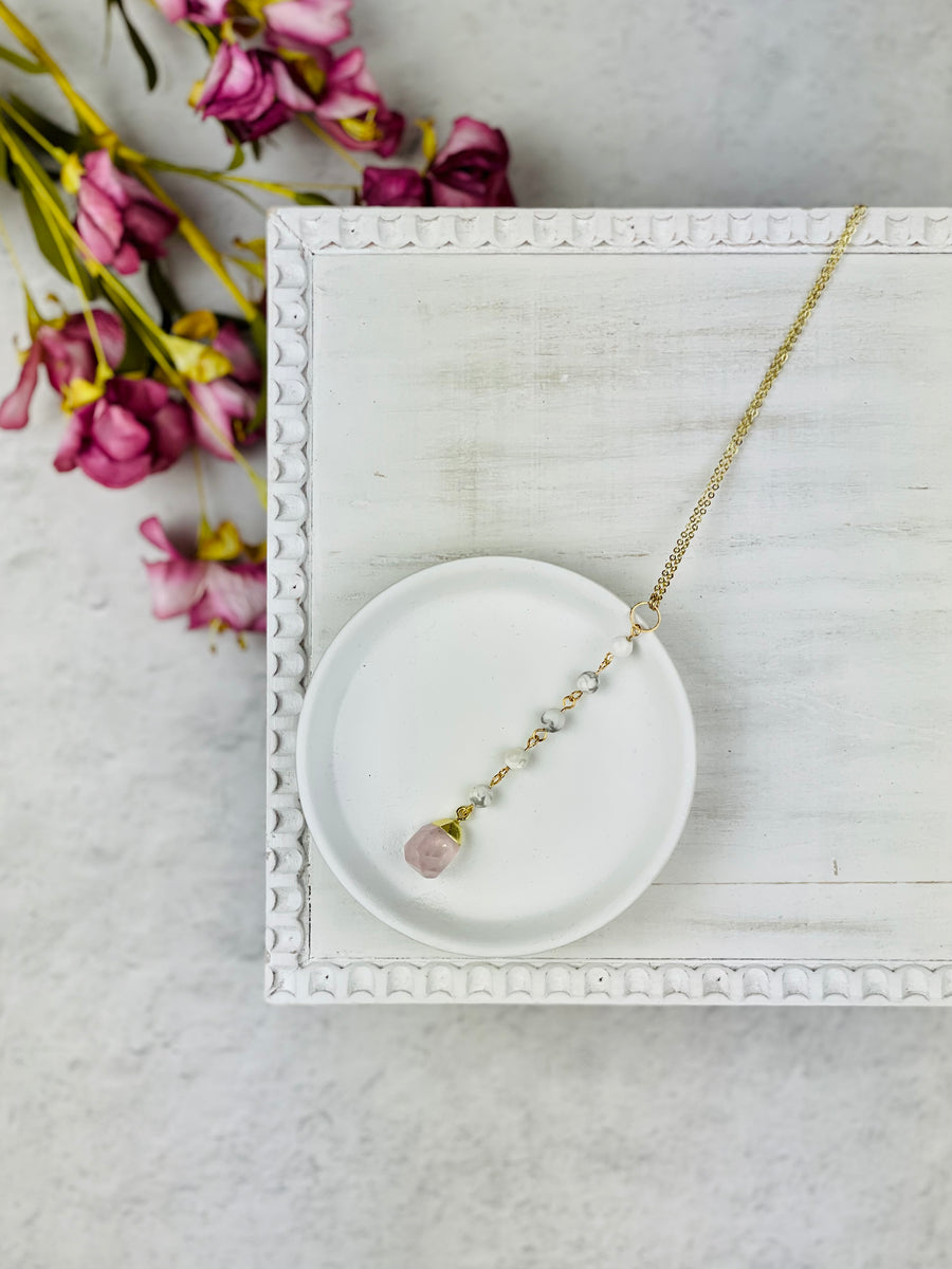 Gold Pink Fluorite Crystal + White Marble Beads Necklace