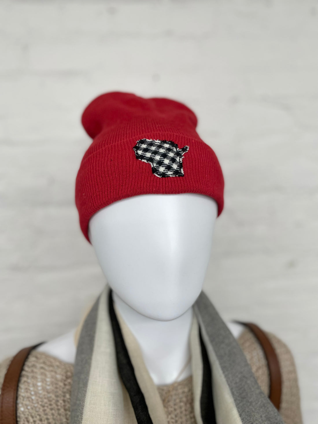 Red Knit Wisconsin Patch Hat