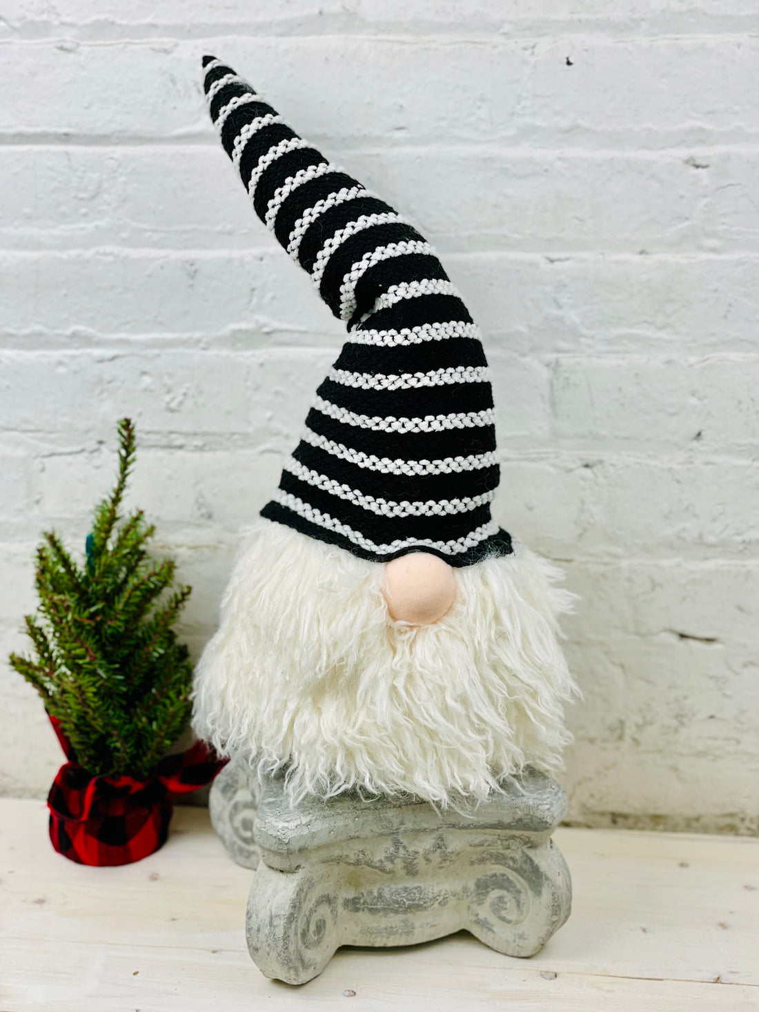 Large Black and White Striped Hat Gnome with Light Up Nose