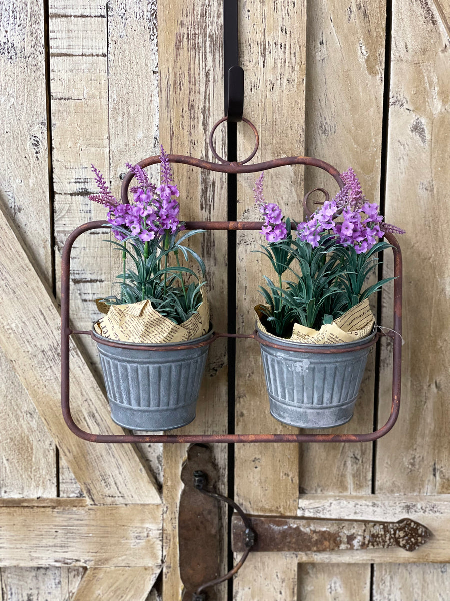 Metal Two Pot Planter with Purple Flowers
