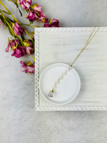 Gold Clear Fluorite Crystal + Quartz Beads Necklace
