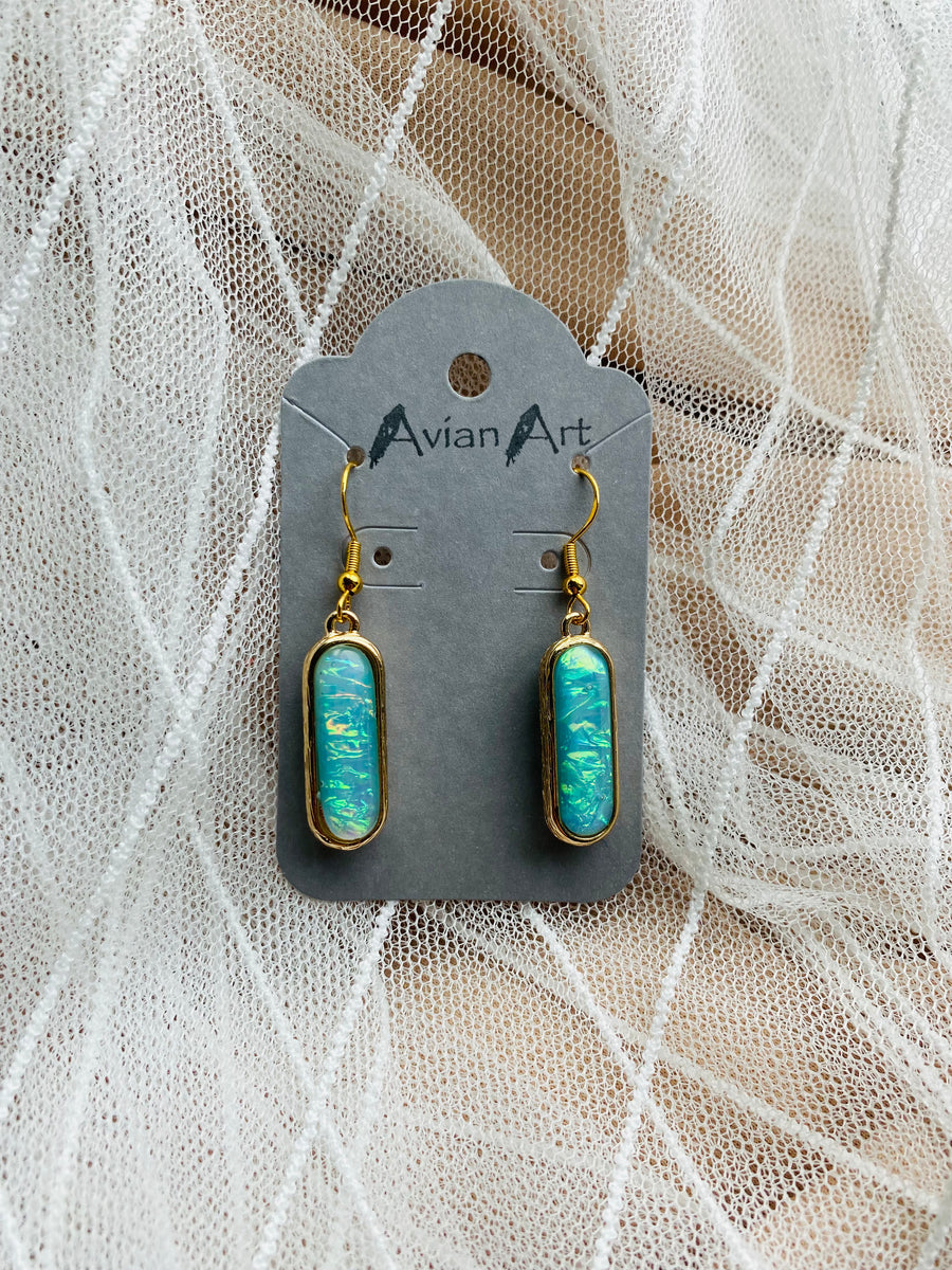 Iridescent Aqua Pill Shaped Drop Earrings