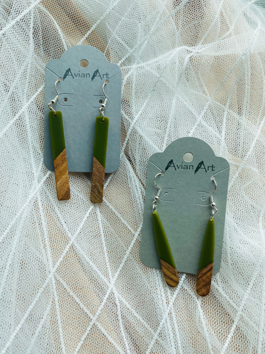 Olive and Wood Resin Drop Earrings