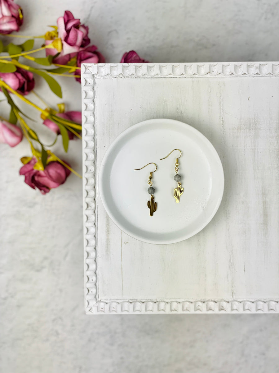Gold Cactus with Marbled Grey Bead Drop Earrings