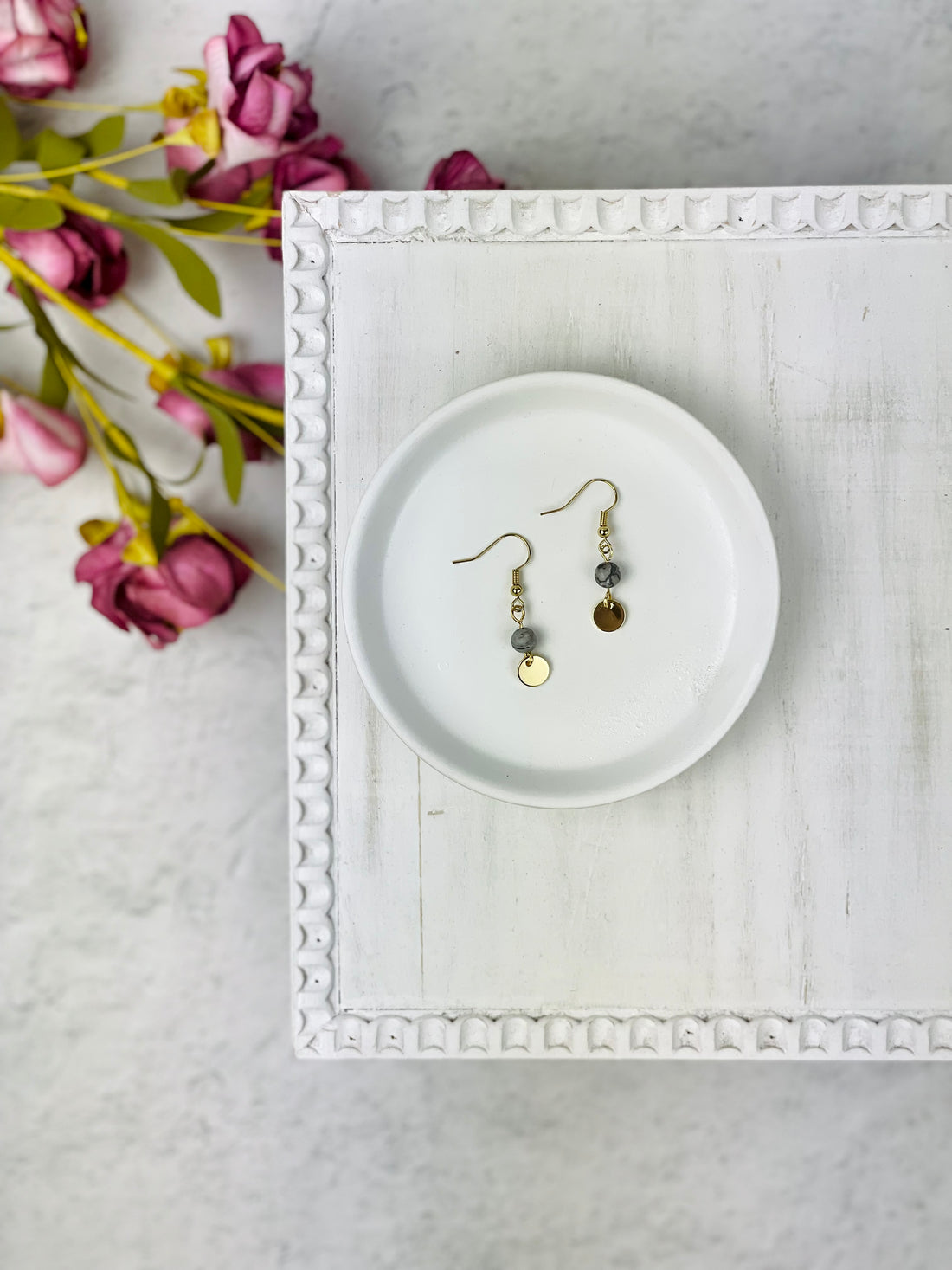 Gold Circle with Smokey Gray Bead Drop Earrings