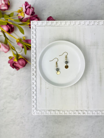 Gold Circle with Smokey Gray Bead Drop Earrings
