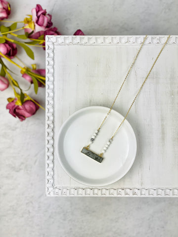Gold Smoky Quartz Bar with White Marbled Beads Necklace
