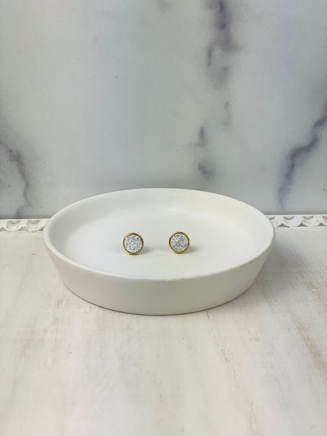 Gold White Druzy Stud Earrings