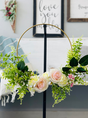 Metal Round Hoop Pink Flower Wreath