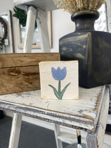 Handcrafted Wooden Block With Blue Tulip